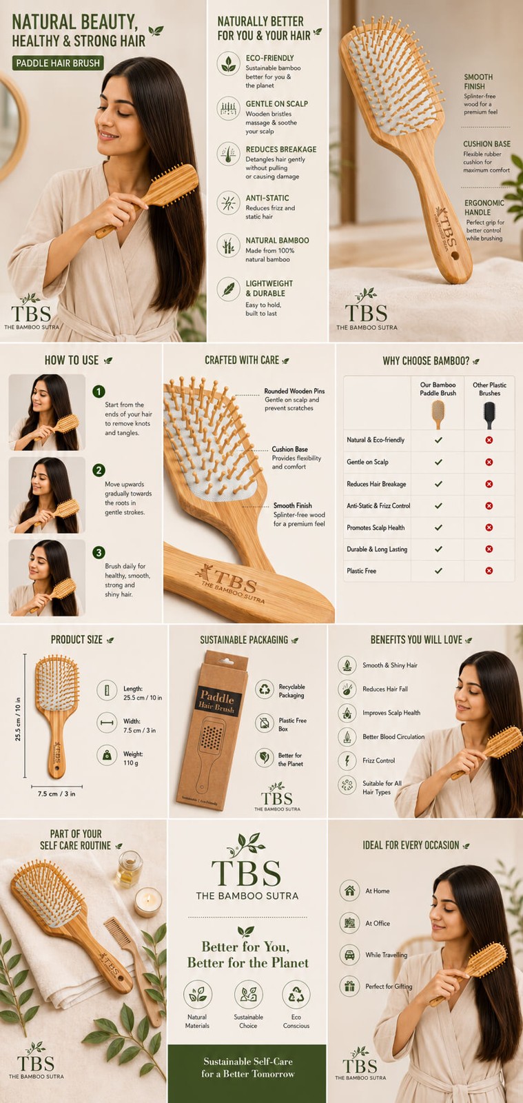 Bamboo Tips Wooden Hair Brush